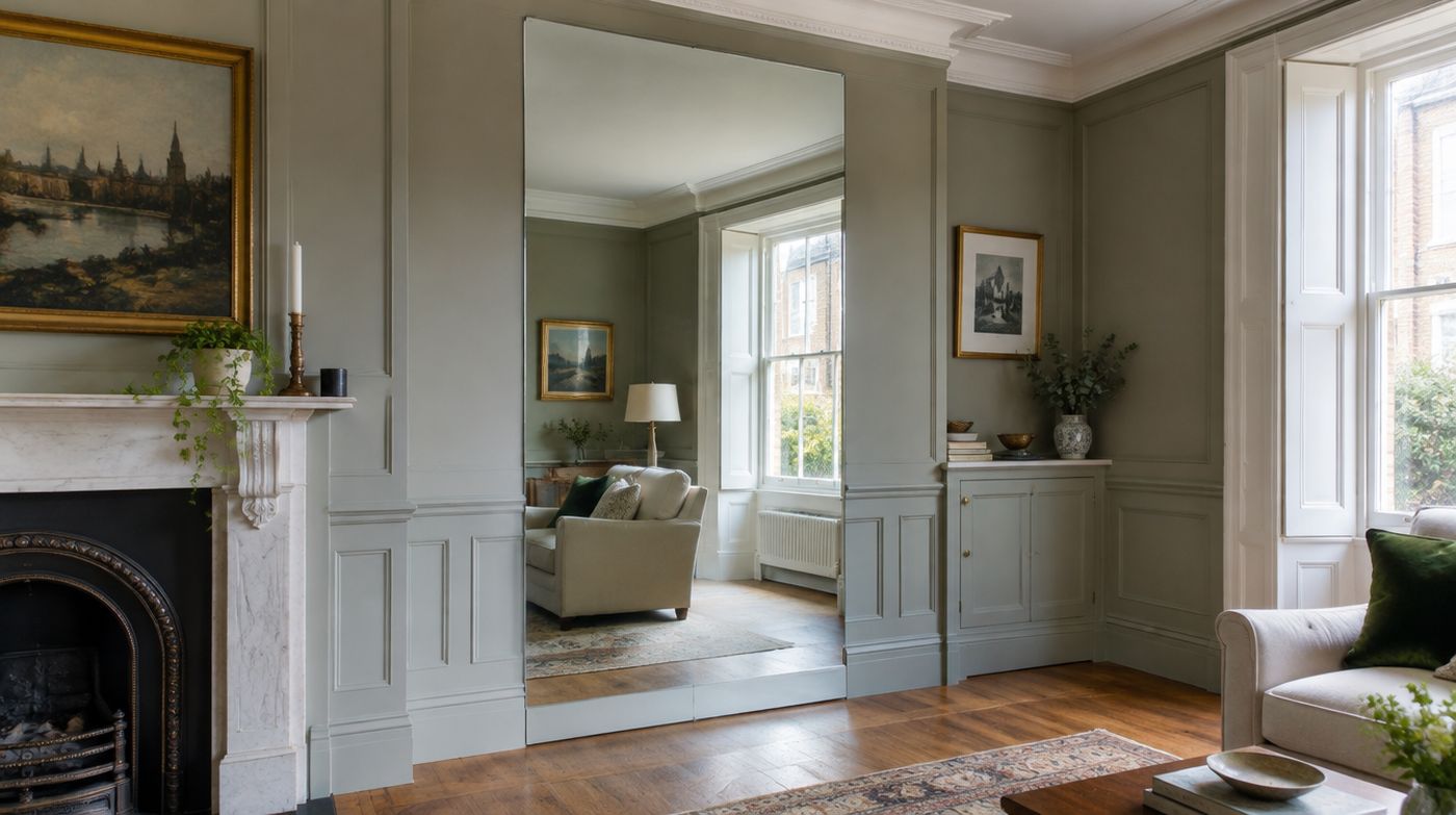 A frameless mirror cut to fill a chimney breast alcove in a Victorian living room