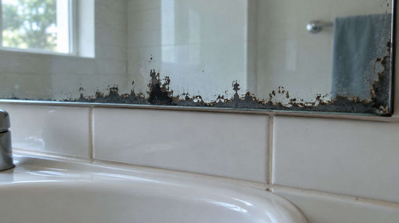 Dark edge corrosion creeping inward from the silvering at the bottom of an old bathroom mirror