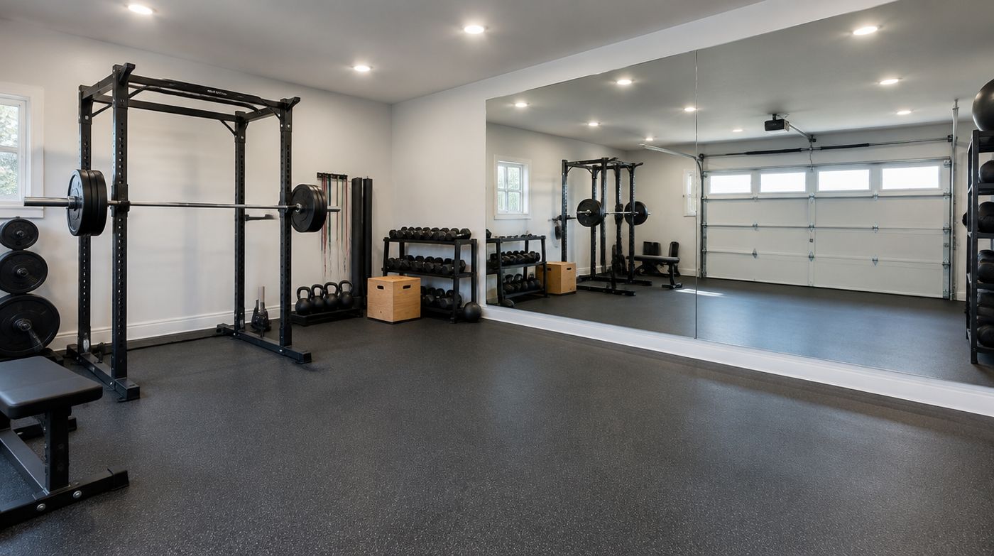 A garage home gym with a mirrored wall of two butted panels set above a skirting gap
