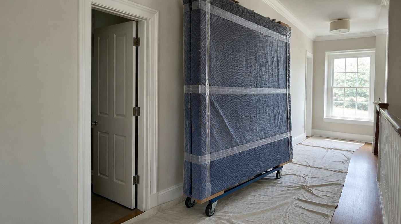 A very large padded mirror panel on a trolley in a hallway, dwarfing the doorway beside it