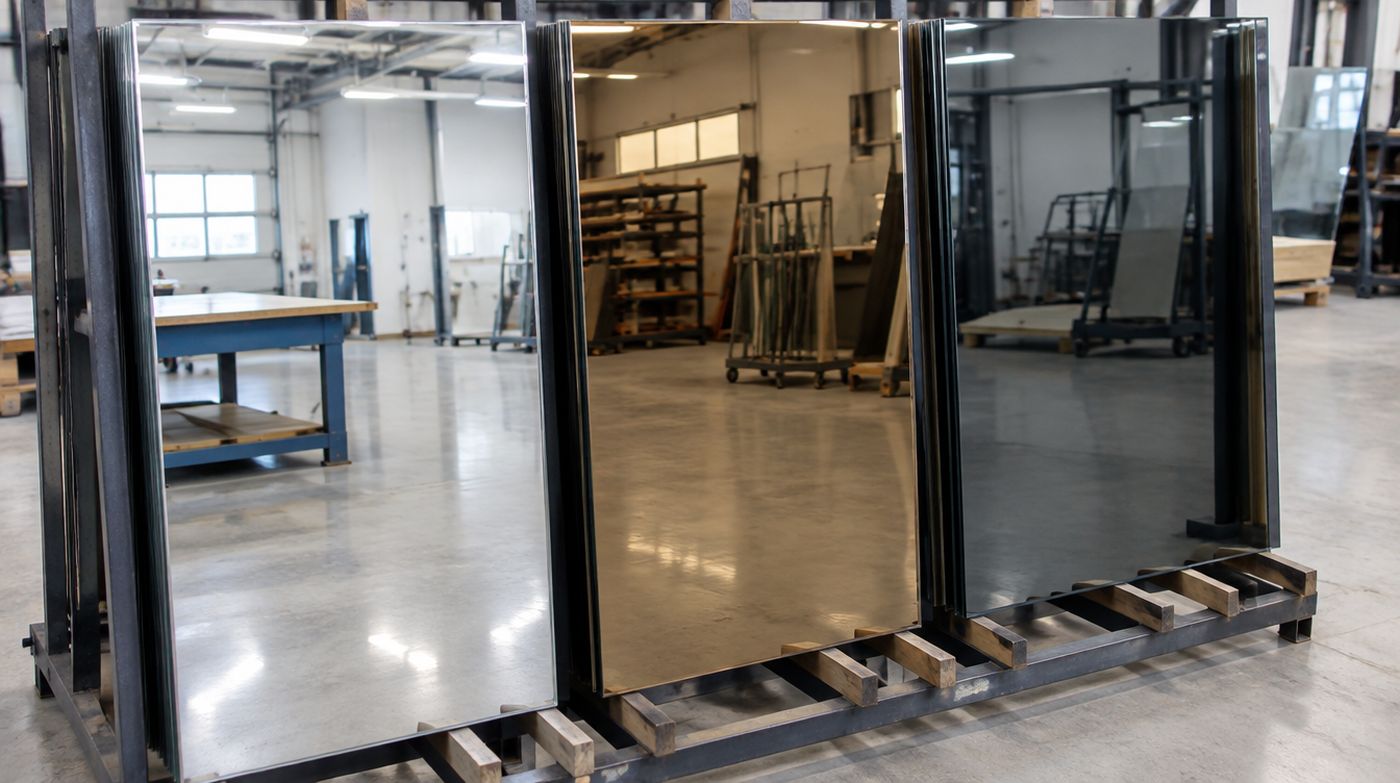 Silver, bronze and grey mirror sheets side by side in a workshop rack, their tints visible