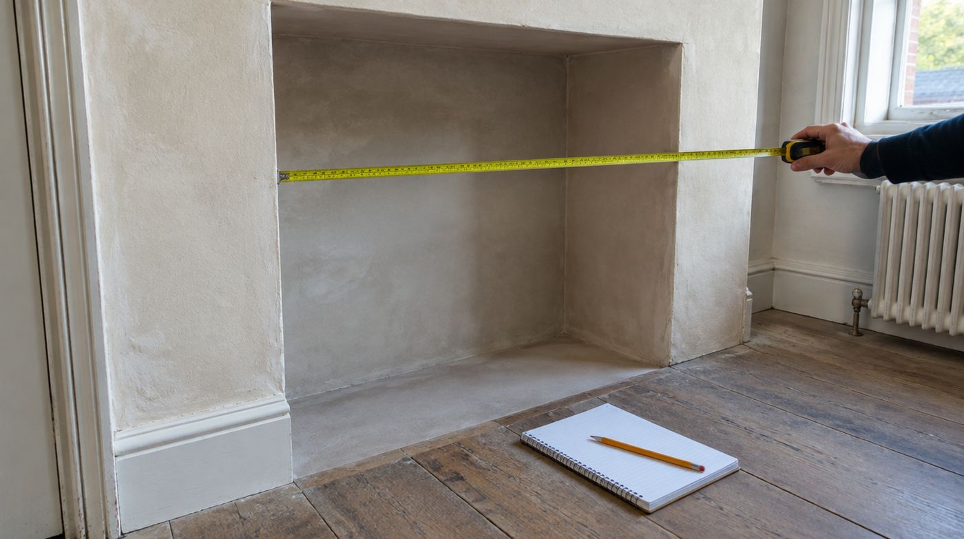 A tape measure held across the inside of a plastered alcove recess in an empty period room