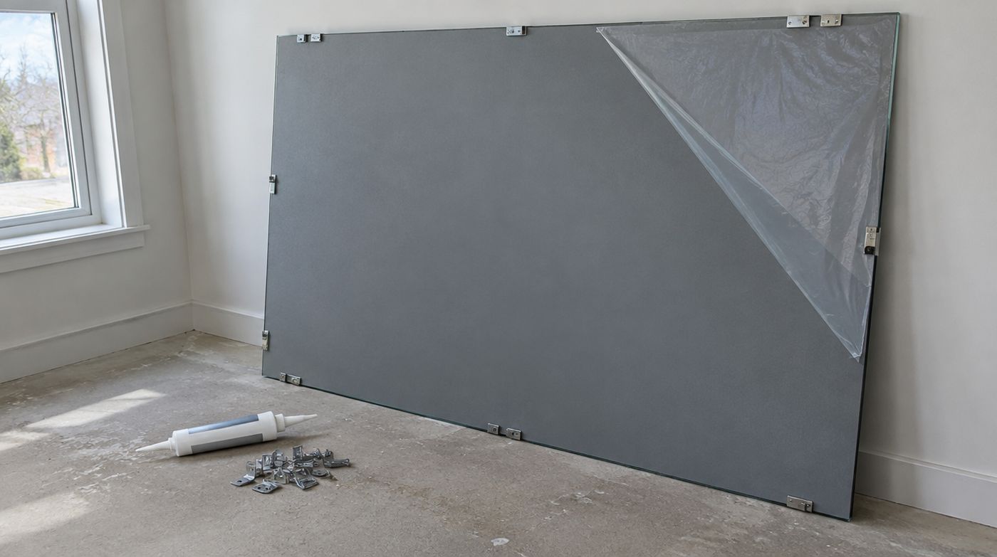The back of a large mirror showing its protective backing and safety film, with clips and adhesive beside it