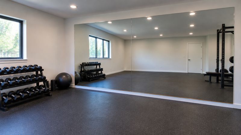 A home gym wall made from two large butted mirror panels with a gap above the floor