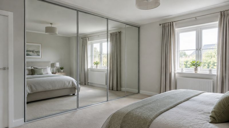 Full height mirrored sliding wardrobe doors in a bedroom