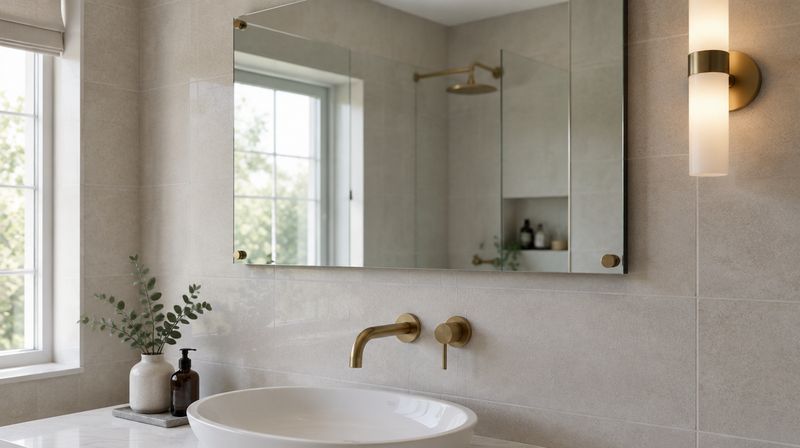A bathroom mirror mounted on standoff fixings clear of a tiled wall above a basin