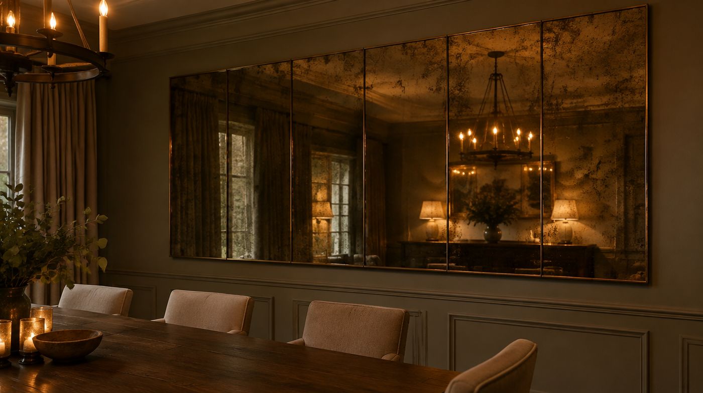 A panelled antique bronze tinted mirror on a dining room wall