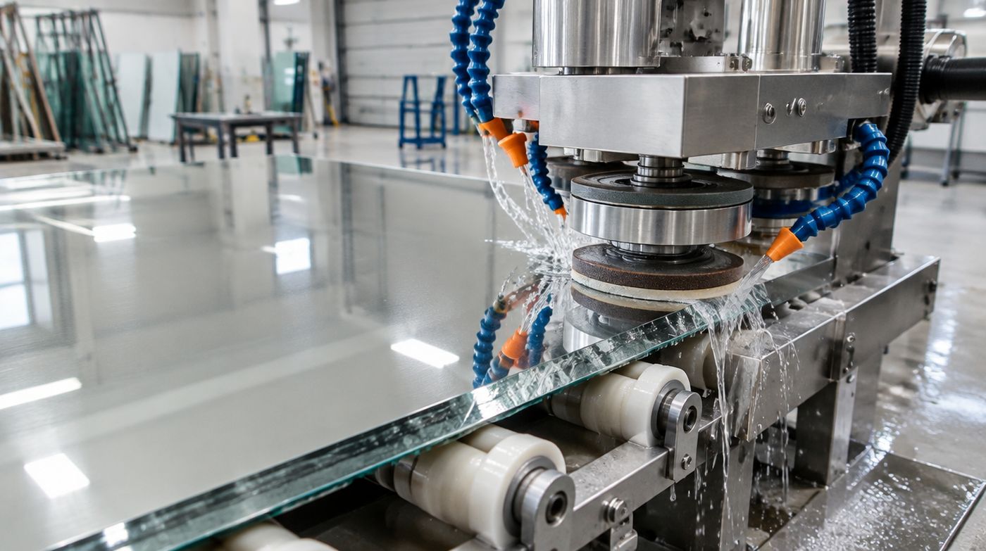 A bevelling machine grinding an angled bevel along the edge of a mirror panel